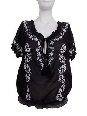 Cache embroidered blouse black shirt short sleeve silk blend size Medium